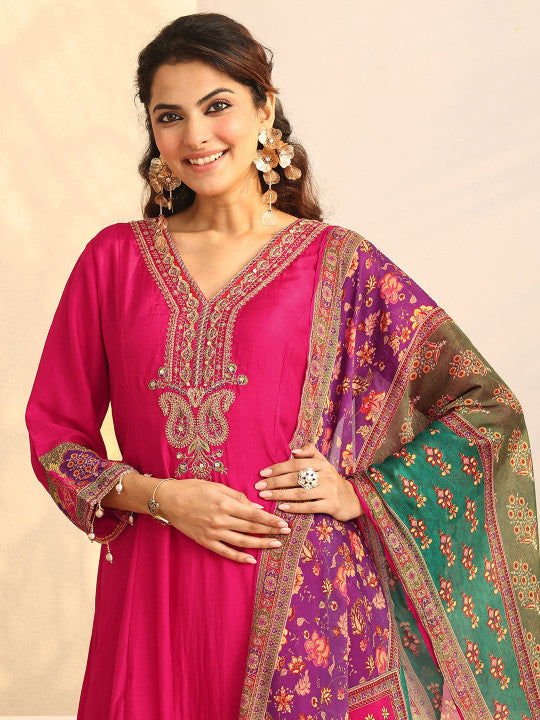 Pink Floral Printed Silk Blend A-line Suit Set