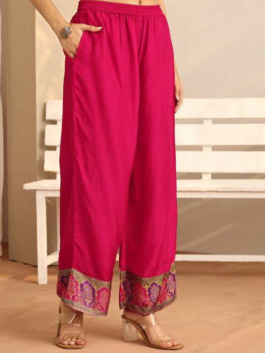 Pink Floral Printed Silk Blend A-line Suit Set