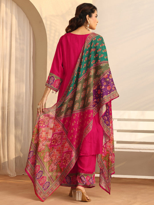 Pink Floral Printed Silk Blend A-line Suit Set
