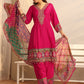 Pink Floral Printed Silk Blend A-line Suit Set