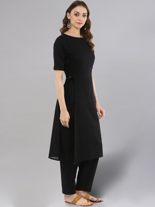 Women Black Solid Kurta with Trousers