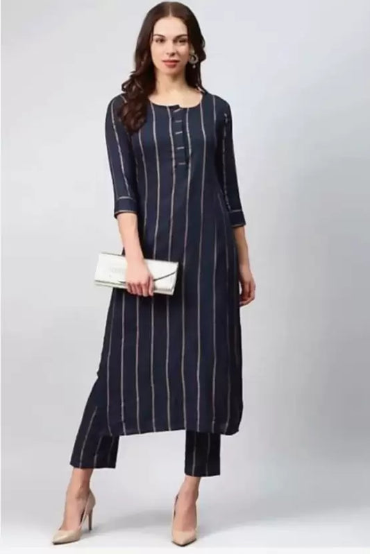 Women Blue Striped Viscose Rayon Kurta Pant Set