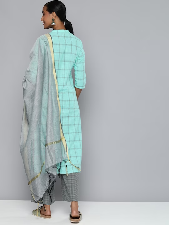 Women Green & Silver-Toned Printed Kurta with Palazzos & Dupatta