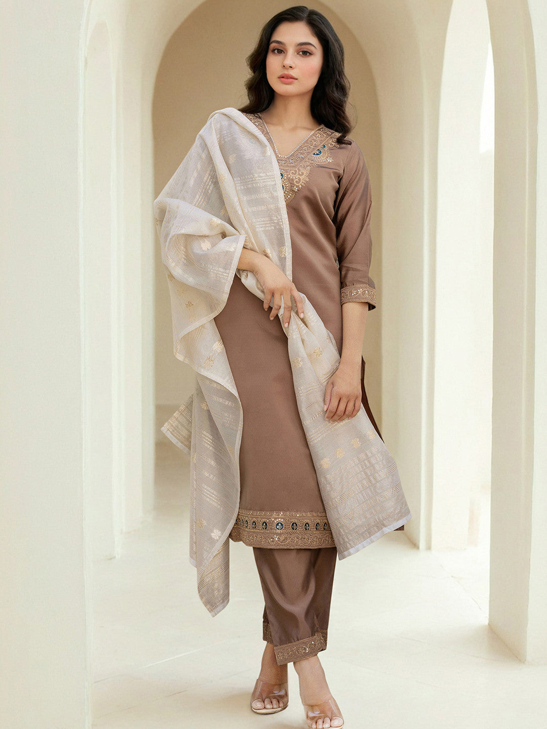 Ethnic Motifs Yoke Design Sequined Straight Kurta With Trousers & Dupatta
