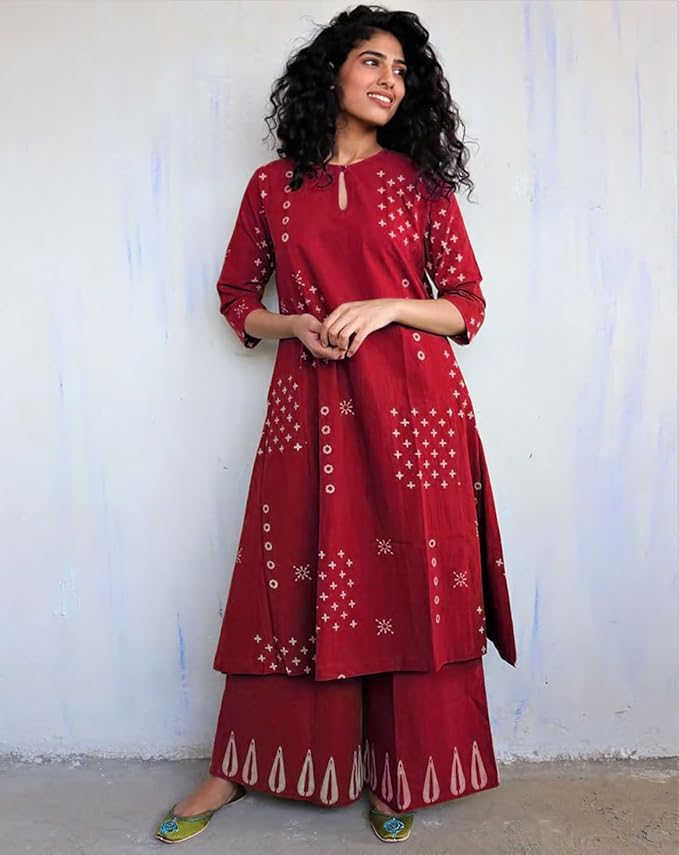 Red Cotton Kurta Palazzo Set