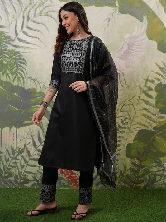 Black Printed Regular Kurta with Trouser & Dupatta