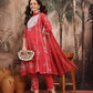 Floral Printed Sequinned & Thread Work Detail A-Line Kurta with Trousers & Dupatta - Amy's Cart