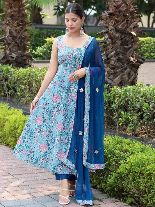 Floral Printed Anarkali Kurta With Trousers & Dupatta