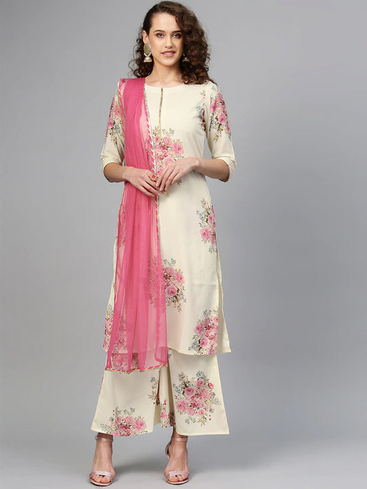 Women Cream-Coloured & Pink Printed Kurta with Palazzos & Dupatta