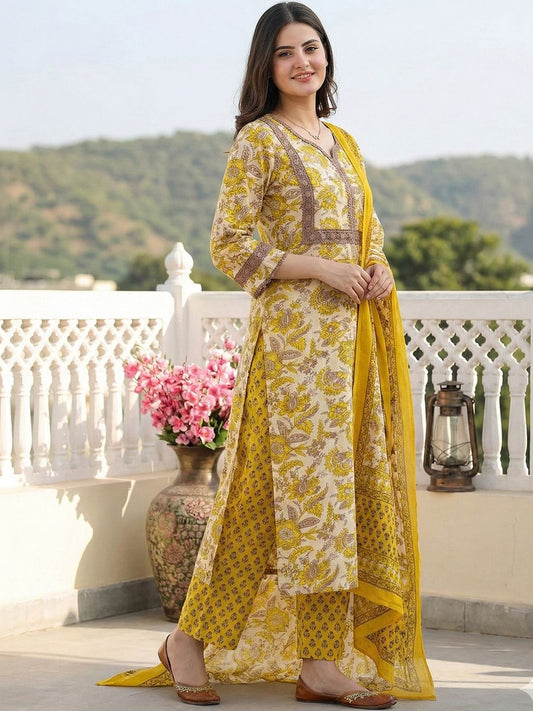 Women Floral Printed Regular Thread Work Pure Cotton Kurta with Trousers & With Dupatta