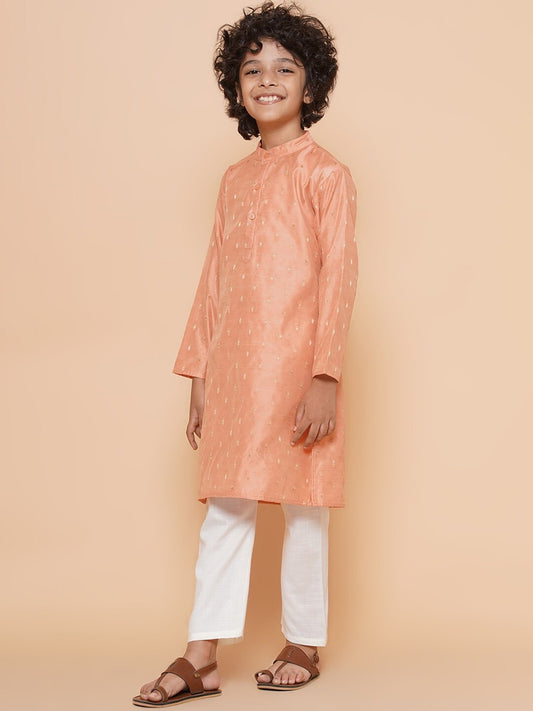 Boys Peach Ethnic Motifs Woven Design Kurta With Pyjamas