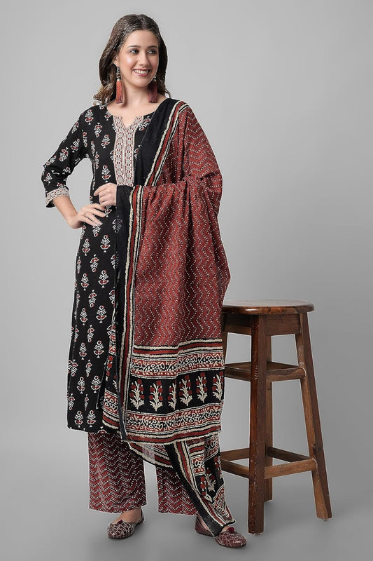 Women's Black Rayon Printed Kurta with Palazzos and Dupatta set