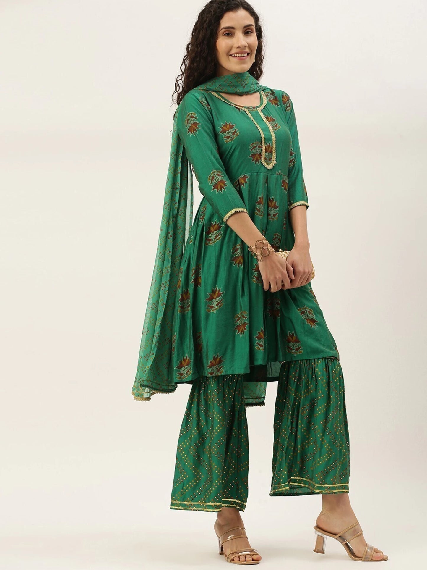 Women Green Cotton Blend Kurta Sharara Dupatta Set