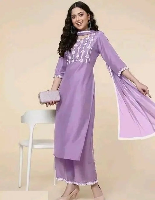 Lavender Embroidered Kurta, Palazzo & Dupatta Set