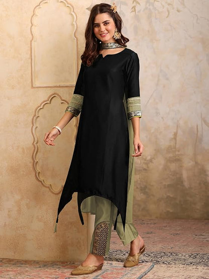 Women's Cotton Silk Embroidered Asymmetric Kurta Pant with Choker Dupatta Set