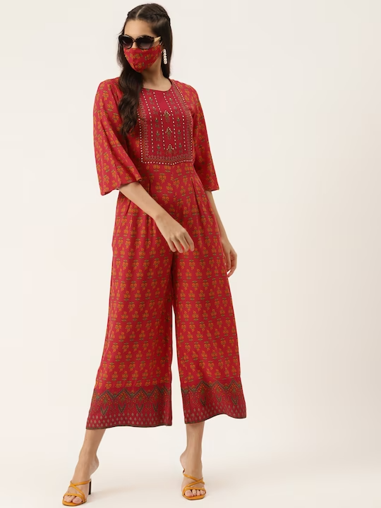 Red & Green Ethnic Printed Culotte Jumpsuit