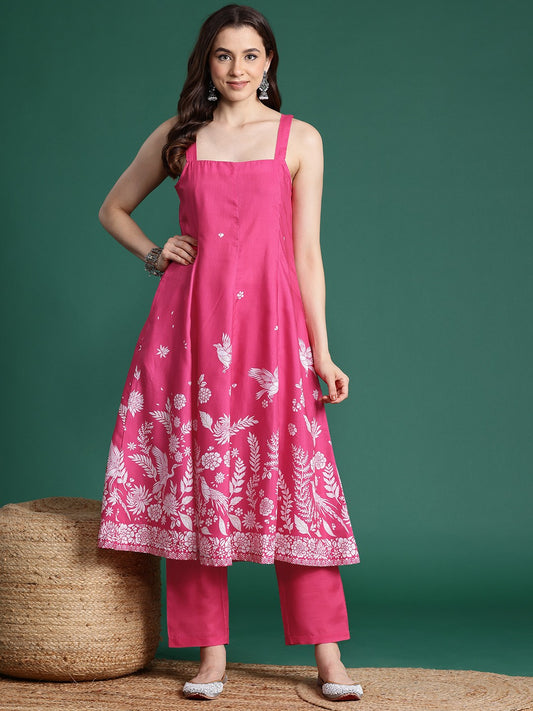 Floral Print Panelled A-Line Kurta with Trousers