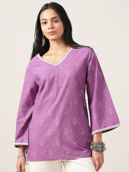 Geometric Printed V-Neck Pure Cotton Kurti