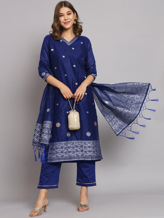 Geometric Woven Design Regular Straight Kurta & Trousers With Dupatta