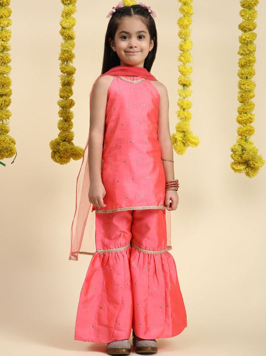 Girls Ethnic Motifs Embroidered Zari A-Line Kurta With Sharara & Dupatta