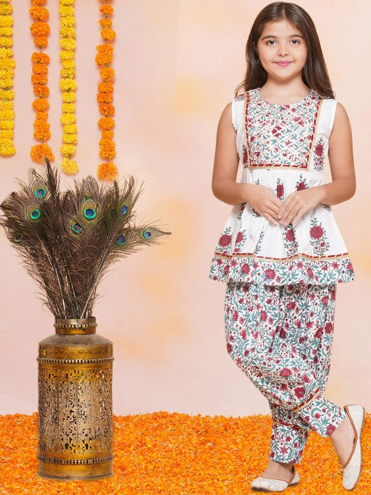 Girls Floral Printed Gotta Patti Pure Cotton Anarkali Kurta & Harem Pant