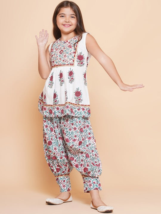 Girls Floral Printed Gotta Patti Pure Cotton Anarkali Kurta & Harem Pant