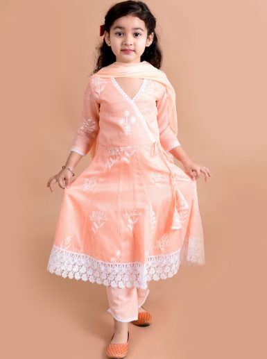 Girls Peach-Coloured Floral Embroidered Angrakha Pure Cotton Kurti Set