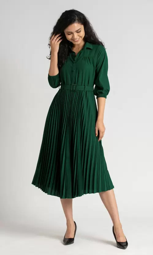 Women Trendy Pleated Green Dress