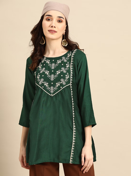 Green Embroidered Longline Top