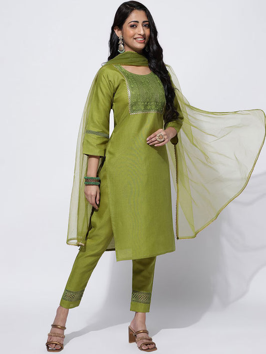 Ethnic Motifs Embroidered Yoke Design Kurta With Trousers & Dupatta