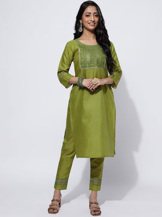 Ethnic Motifs Embroidered Yoke Design Kurta With Trousers & Dupatta