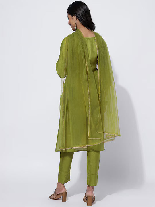 Ethnic Motifs Embroidered Yoke Design Kurta With Trousers & Dupatta