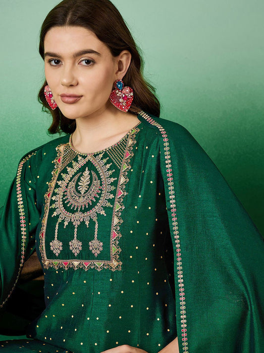 Green floral Embroidered A-Line Kurta & Trousers With Dupatta