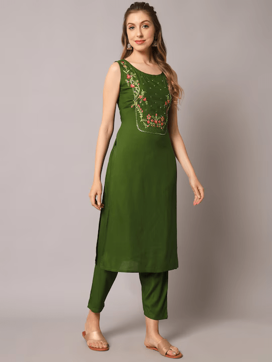 Floral Embroidered Mirror Work Kurta with Trousers & Dupatta