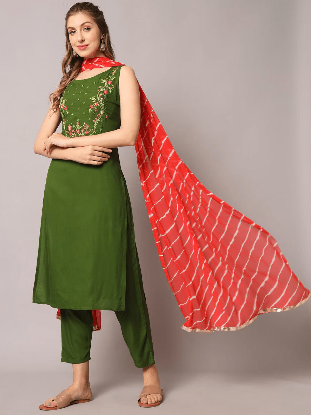 Floral Embroidered Mirror Work Kurta with Trousers & Dupatta