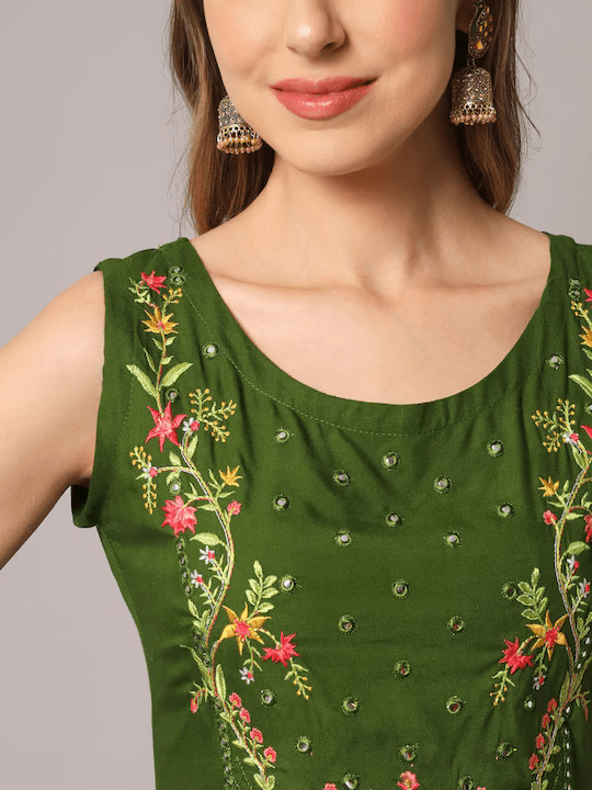 Floral Embroidered Mirror Work Kurta with Trousers & Dupatta