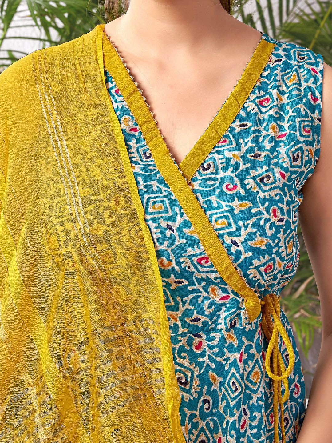 Ethnic Motifs Printed Angrakha Anarkali Kurta With Palazzos & Dupatta