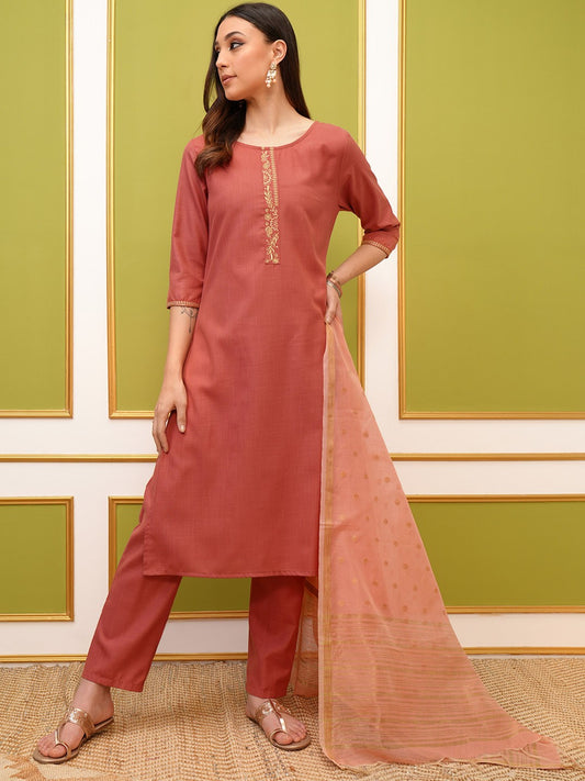 Coral Round Neck Embroidery Straight Kurta & Palazzos With Dupatta