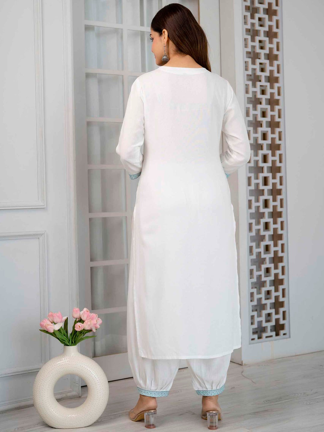 Round Neck Thread Work Kurta with Trouser & With Dupatta