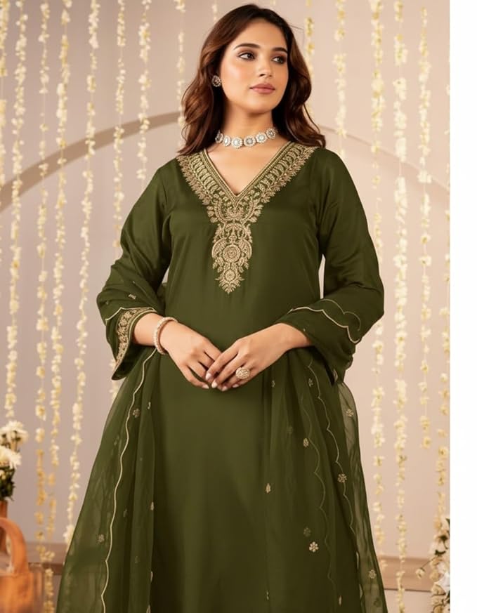 Women Embroidery Solid Anarkali Kurta and Pant Set with Dupatta