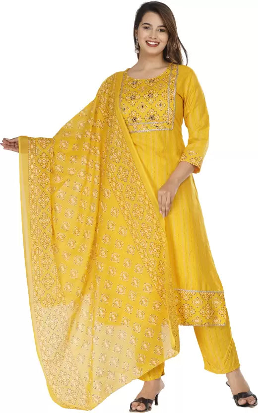 Women Yellow Viscose Rayon Embroidered Kurta and Dupatta Set