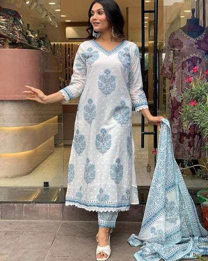 Women Cotton Block Printed Kurta Pant With Dupatta - Amy's Cart