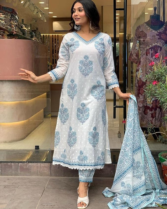 Women Cotton Block Printed Kurta Pant With Dupatta - Amy's Cart