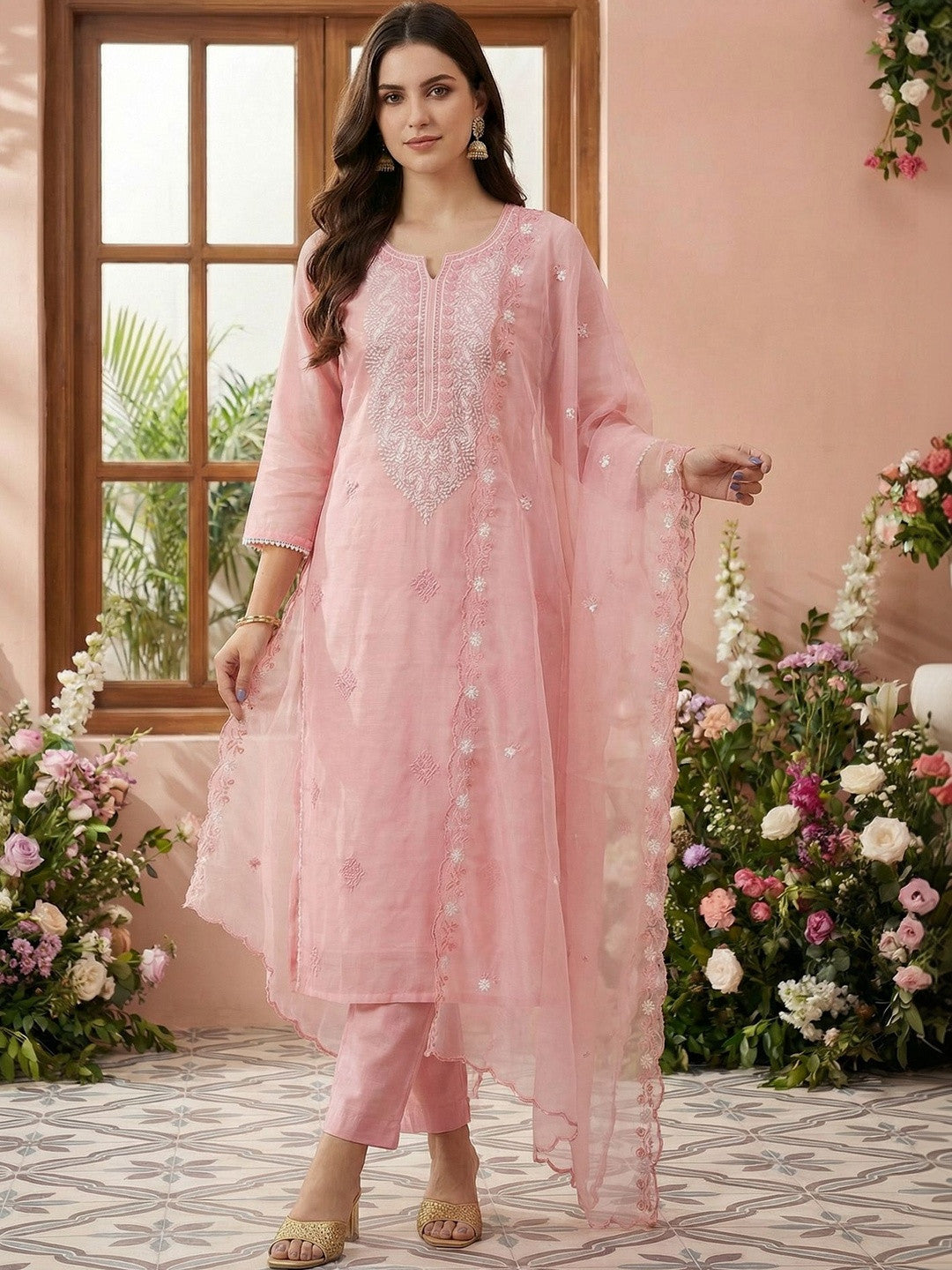 Women Ethnic Motifs Embroidered Regular Thread Work Kurta with Trousers & With Dupatta