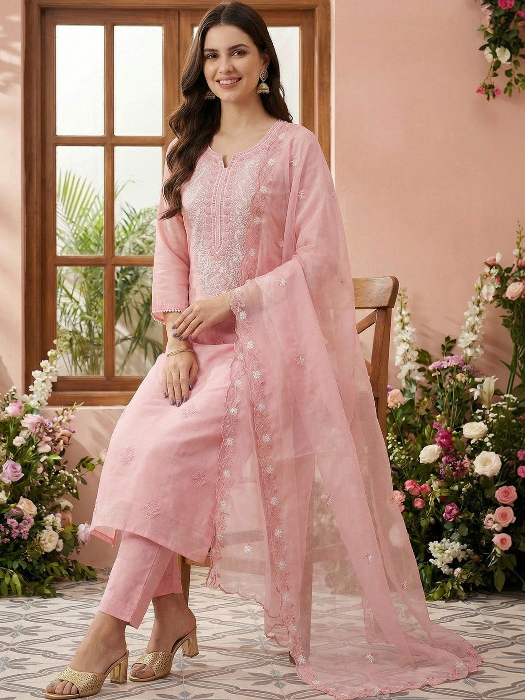 Women Ethnic Motifs Embroidered Regular Thread Work Kurta with Trousers & With Dupatta