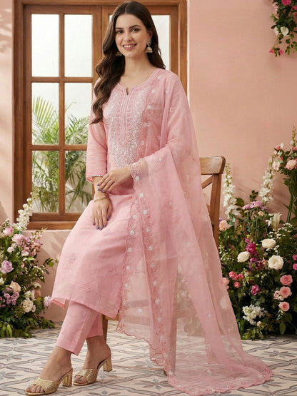 Women Ethnic Motifs Embroidered Regular Thread Work Kurta with Trousers & With Dupatta