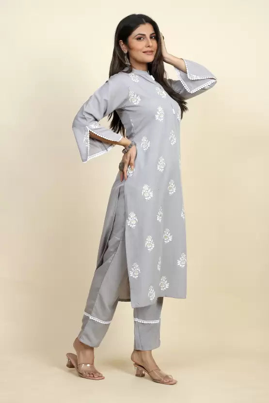 Women Grey Crepe Kurta Pant Set