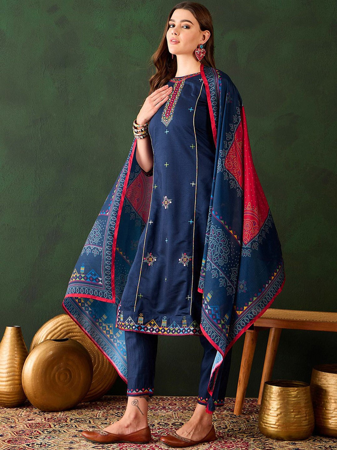 Geometric Embroidered Sequinned Straight Kurta & Trouser With Dupatta