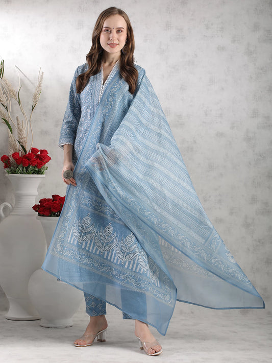 Women Blue Cotton Rayon Kurta Pant Dupatta Set