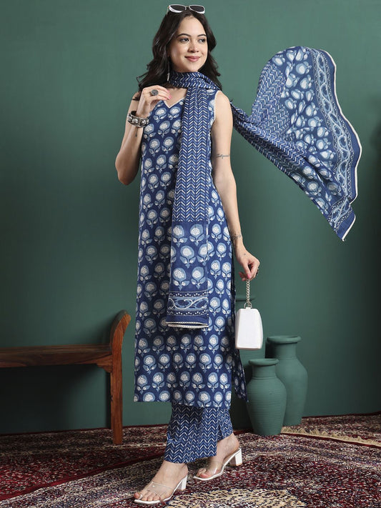 Women Floral Printed Cotton Kurta with Trousers & Dupatta